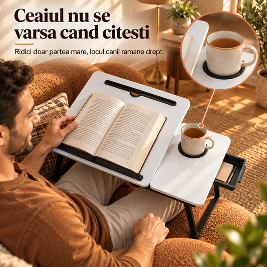 Masa Pliabila pentru Laptop Elindor® cu Suport Pahar, Antiderapanta, Unghiuri de Inclinare, Usor de Depozitat, Birou Portabil Utilizare in Orice Loc, Ideala la Munca sau Mic Dejun la Pat, Alb