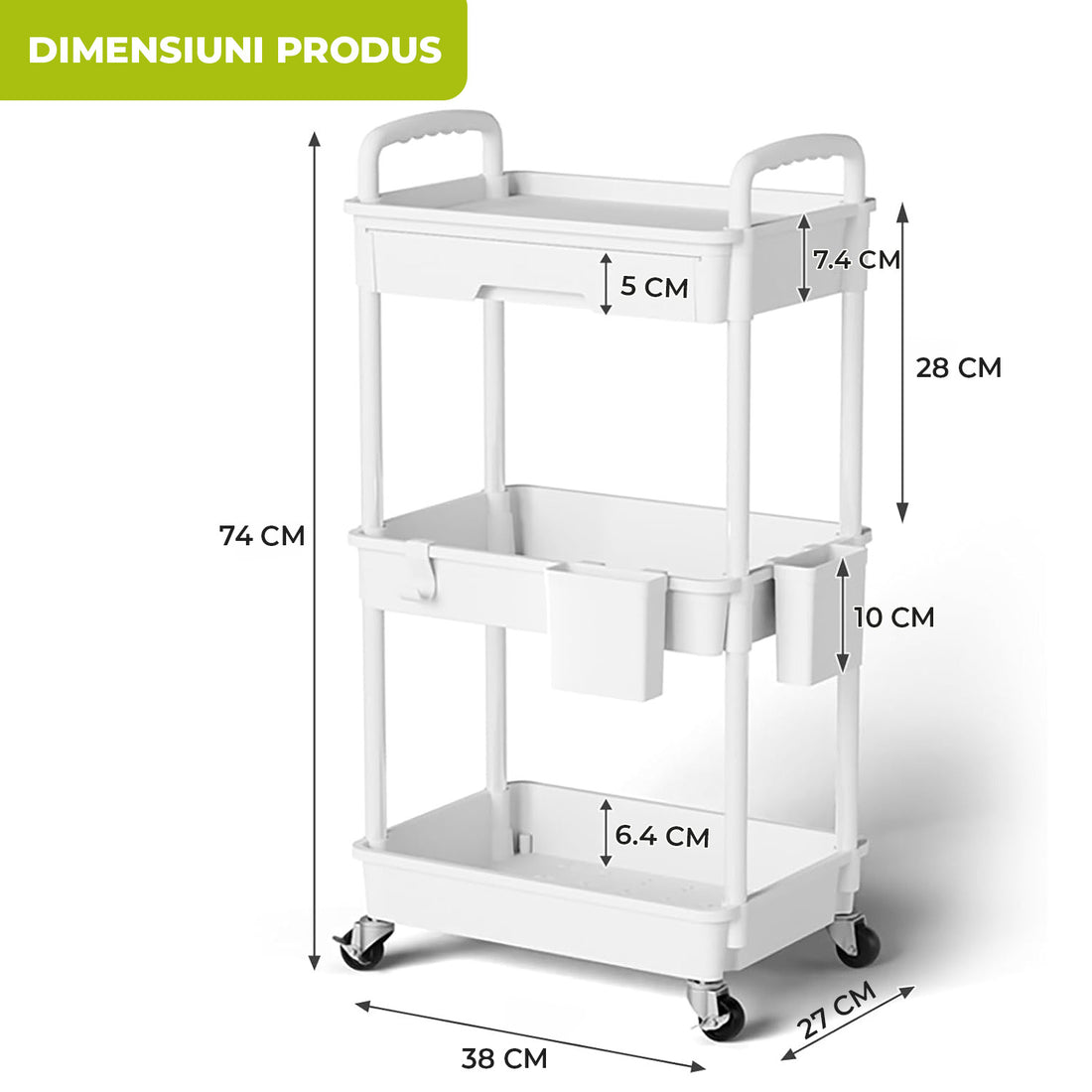 Carucior Organizator 3 Niveluri Elindor®, cu 1 Sertar si Roti 360°, Organizator Bucatarie, Multifunctional, Raft Mobil Organizare Baie, Camara, Birou, Bar, 38 x 27 x 74 cm, Alb