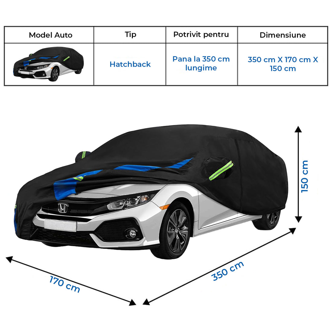 Prelata Auto Premium Elindor® Impermeabila, Antisoare, Praf, Ploaie si Zapada, Protectie UV, Toate Anotimpurile, Husa Exterior, Huse Protectie Completa, Universala, Accesorii Masina, Marime Hatchback XL, 430 × 180 × 160 cm, Negru