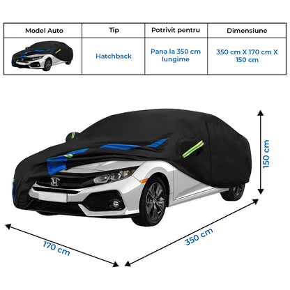 Prelata Auto Premium Elindor® Impermeabila, Antisoare, Praf, Ploaie si Zapada, Protectie UV, Toate Anotimpurile, Husa Exterior, Huse Protectie Completa, Universala, Accesorii Masina, Marime Hatchback XL, 430 × 180 × 160 cm, Negru