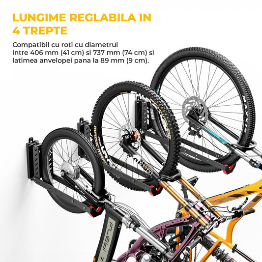 Suport Bicicleta de Perete Elindor®, Suport Vertical pentru Depozitare Bicicleta cu Rotire 120°, Baza Metalica din Otel Carbon, Reglaj 3 Trepte, Suporta pana la 35 kg, 43.8 × 11.8 × 30.7 cm, Negru