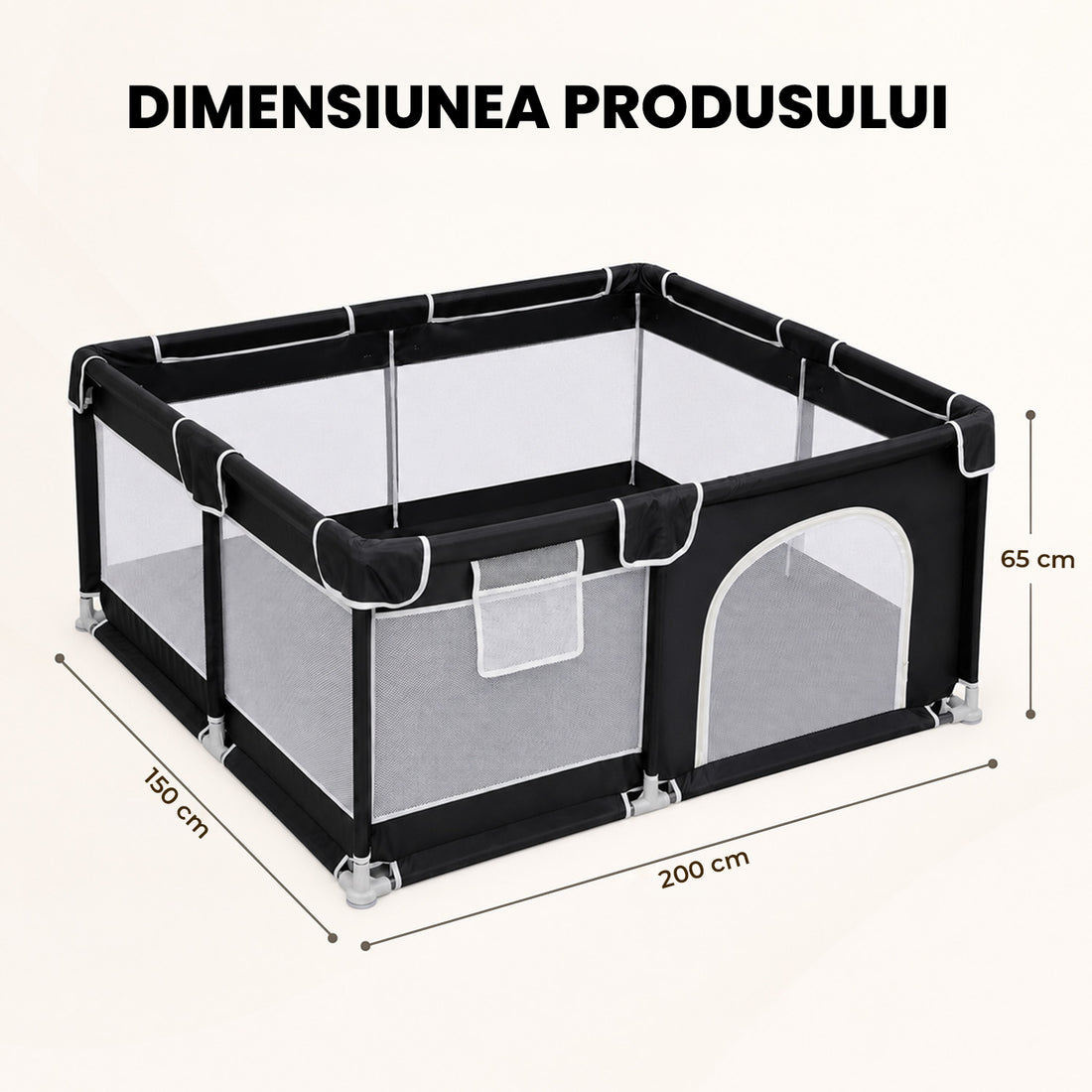 Tarc de Joaca pentru Bebelusi si Copii Elindor® Spatiul Sigur de Joaca, Plasa de Protectie, Include Usa cu Fermoar, Materiale Eco-Friendly și Non-Toxice, Varsta 0-5 ani, 200 x 150 x 65 cm, Negru