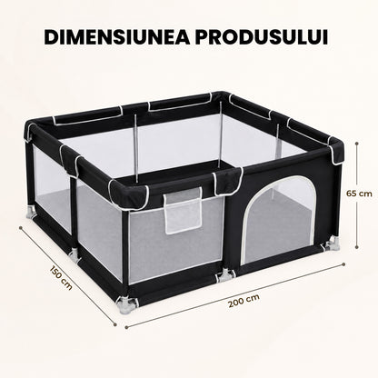 Tarc de Joaca pentru Bebelusi si Copii Elindor® Spatiul Sigur de Joaca, Plasa de Protectie, Include Usa cu Fermoar, Materiale Eco-Friendly și Non-Toxice, Varsta 0-5 ani, 200 x 150 x 65 cm, Negru