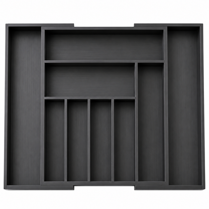 Organizator Elindor® pentru Tacamuri si Ustensile de Bucatarie, 9 Compartimente, Sertar Extensibil, Suport Ajustabil pentru Cutite, Linguri, Furculite, Accesorii Bucatarie, Separator Sertar, 33.7-50 x 45 x 5 cm, Negru