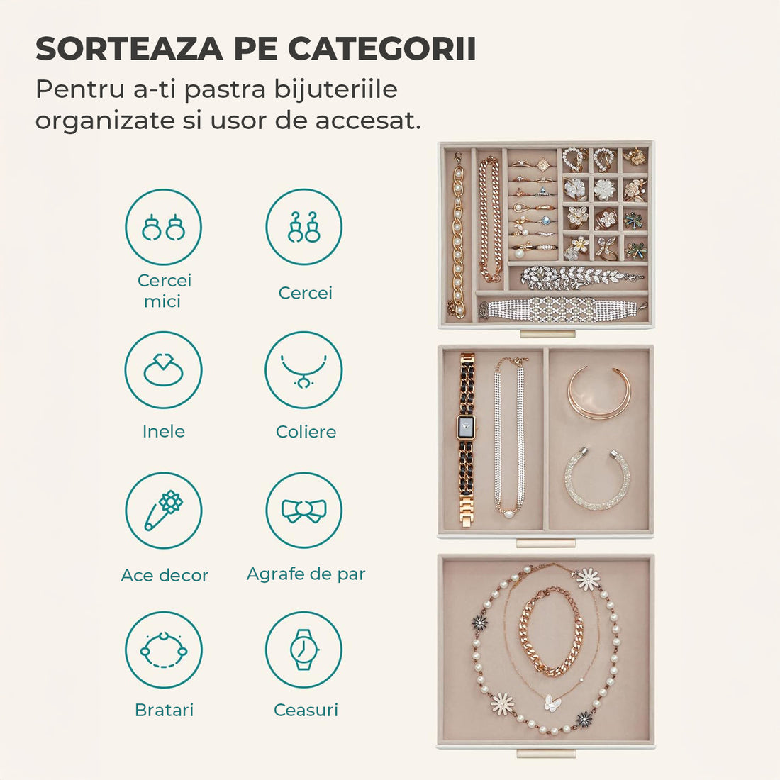 Cutie de Bijuterii Elindor® Organizator pe 3 Niveluri, Sertar x2, Spatiu de Depozitare pentru Inel, Verighete, Lantisoare, Bratari, Cercei, Caseta din Material Catifelat, Design Rafinat, Simplu si Elegant, Piele Ecologica si Catifea, 20 x 23 x 13.5 cm, Al