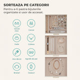 Cutie de Bijuterii Elindor® Organizator pe 3 Niveluri, Sertar x2, Spatiu de Depozitare pentru Inel, Verighete, Lantisoare, Bratari, Cercei, Caseta din Material Catifelat, Design Rafinat, Simplu si Elegant, Piele Ecologica si Catifea, 20 x 23 x 13.5 cm, Al
