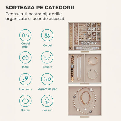 Cutie de Bijuterii Elindor® Organizator pe 3 Niveluri, Sertar x2, Spatiu de Depozitare pentru Inel, Verighete, Lantisoare, Bratari, Cercei, Caseta din Material Catifelat, Design Rafinat, Simplu si Elegant, Piele Ecologica si Catifea, 20 x 23 x 13.5 cm, Al