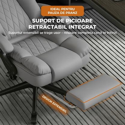 Scaun de Birou Elindor® Ergonomic, Design Contemporan, Scaun cu Spatar si Manere, din Piele PU cu Suport pentru Picioare si Roti, Latime Sezut 58 cm, Inaltime intre 110-118 cm, Gri