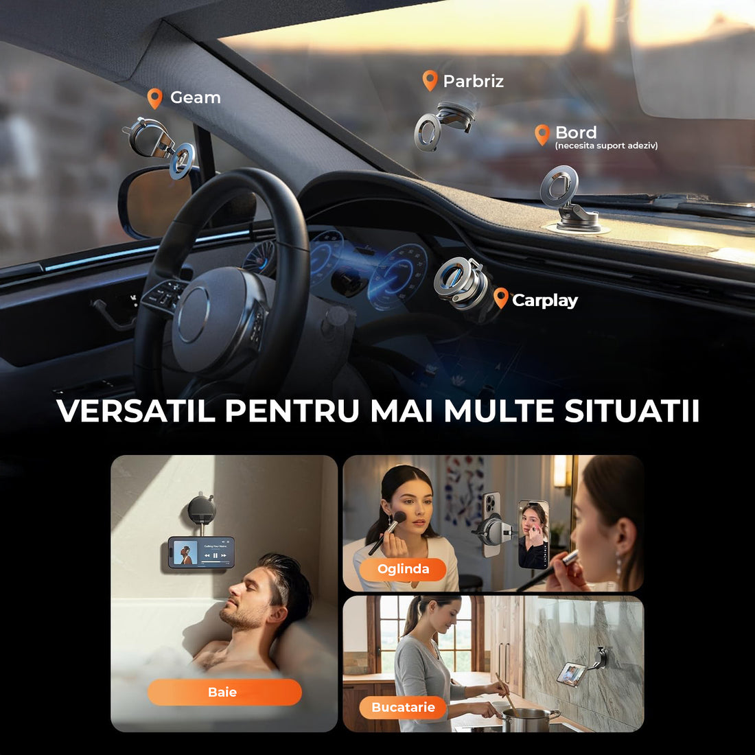 Suport Auto Telefon Elindor® cu Ventuza pentru Parbriz, Bord sau Oglinda, Magsafe, Compatibil 5.4-7.9 inch, pentru Iphone, Ajustabil 360°, Flexibil, Pliabil, Orizontal / Vertical, Accesorii Masina, 4 x 5.8 cm, Negru