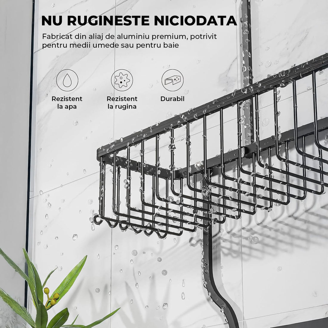 Suport Săpun și Etajere Duș Elindor®, Lipire Adeziv, 10 Cărlinge, Capacitate 20kg, Negru