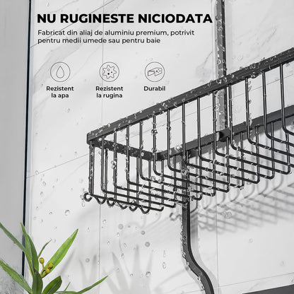 Suport Săpun și Etajere Duș Elindor®, Lipire Adeziv, 10 Cărlinge, Capacitate 20kg, Negru