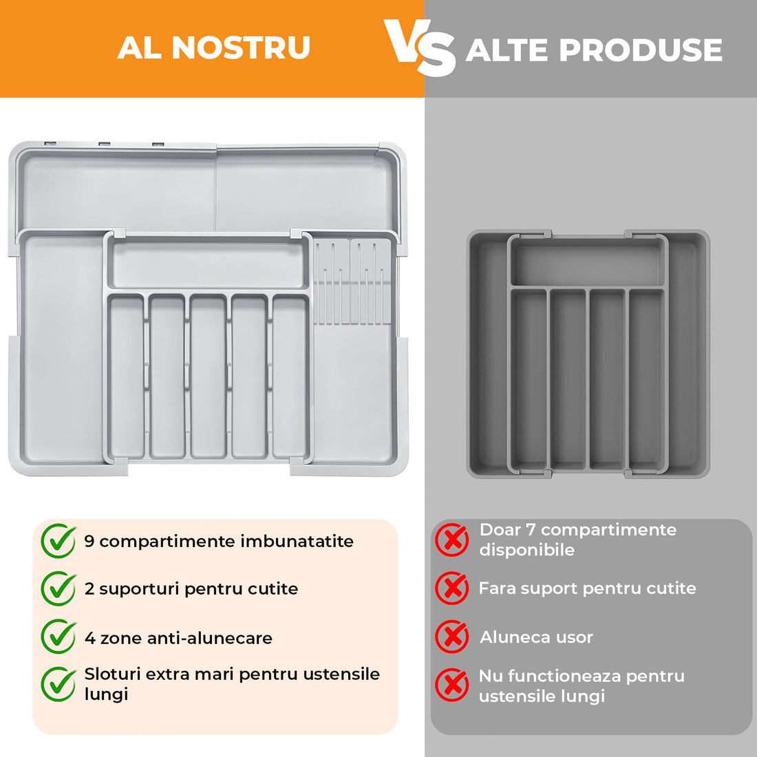 Organizator Extensibil Elindor® pentru Tacamuri si Ustensile de Bucatarie, 9 Compartimente, Sertar Extensibil 36.8-48.3 cm si 33.5 – 55.9 cm, Suport Ajustabil pentru Cutite, Linguri, Furculite, Gri