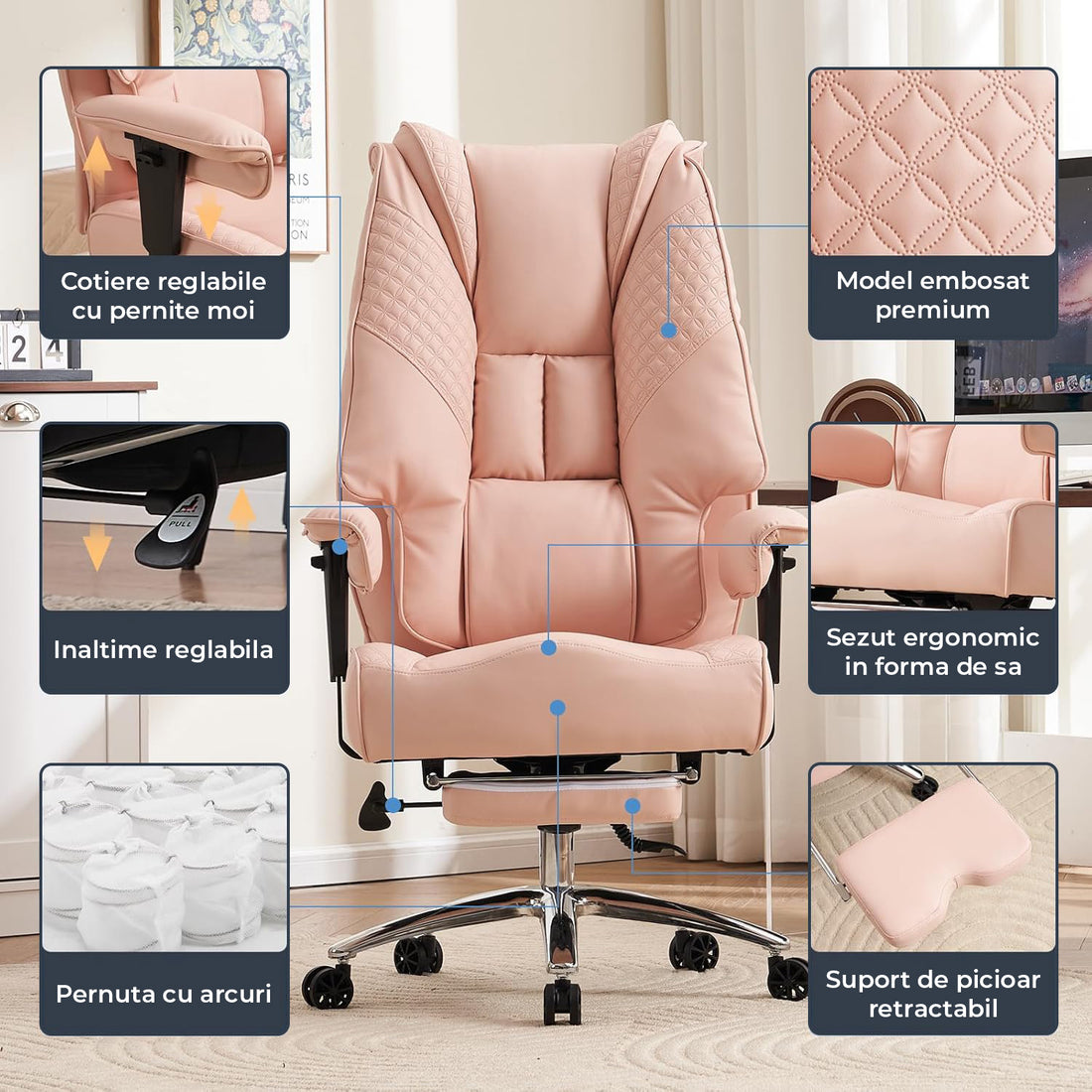 Scaun de Birou Elindor® Ergonomic, Design Contemporan, Scaun cu Spatar si Manere, din Piele PU cu Suport pentru Picioare si Roti, Latime Sezut 58 cm, Inaltime intre 48-56 cm, Roz