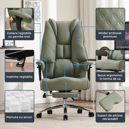 Scaun de Birou Elindor® Ergonomic, Design Contemporan, Scaun cu Spatar si Manere, din Piele PU cu Suport pentru Picioare si Roti, Latime Sezut 58 cm, Inaltime intre 48-56 cm, Verde
