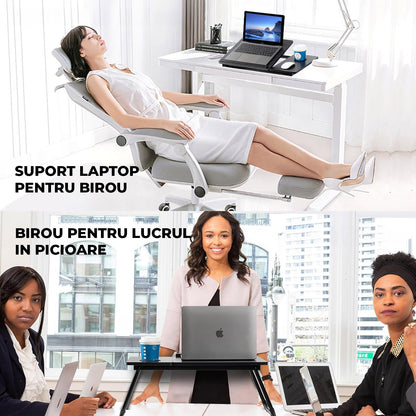 Masa Pliabila pentru Laptop Elindor® cu Suport Pahar, Antiderapanta, 5 Unghiuri de Inclinare, Usor de Depozitat, Birou Portabil Utilizare in Orice Loc, Ideala la Munca sau Mic Dejun la Pat, Negru