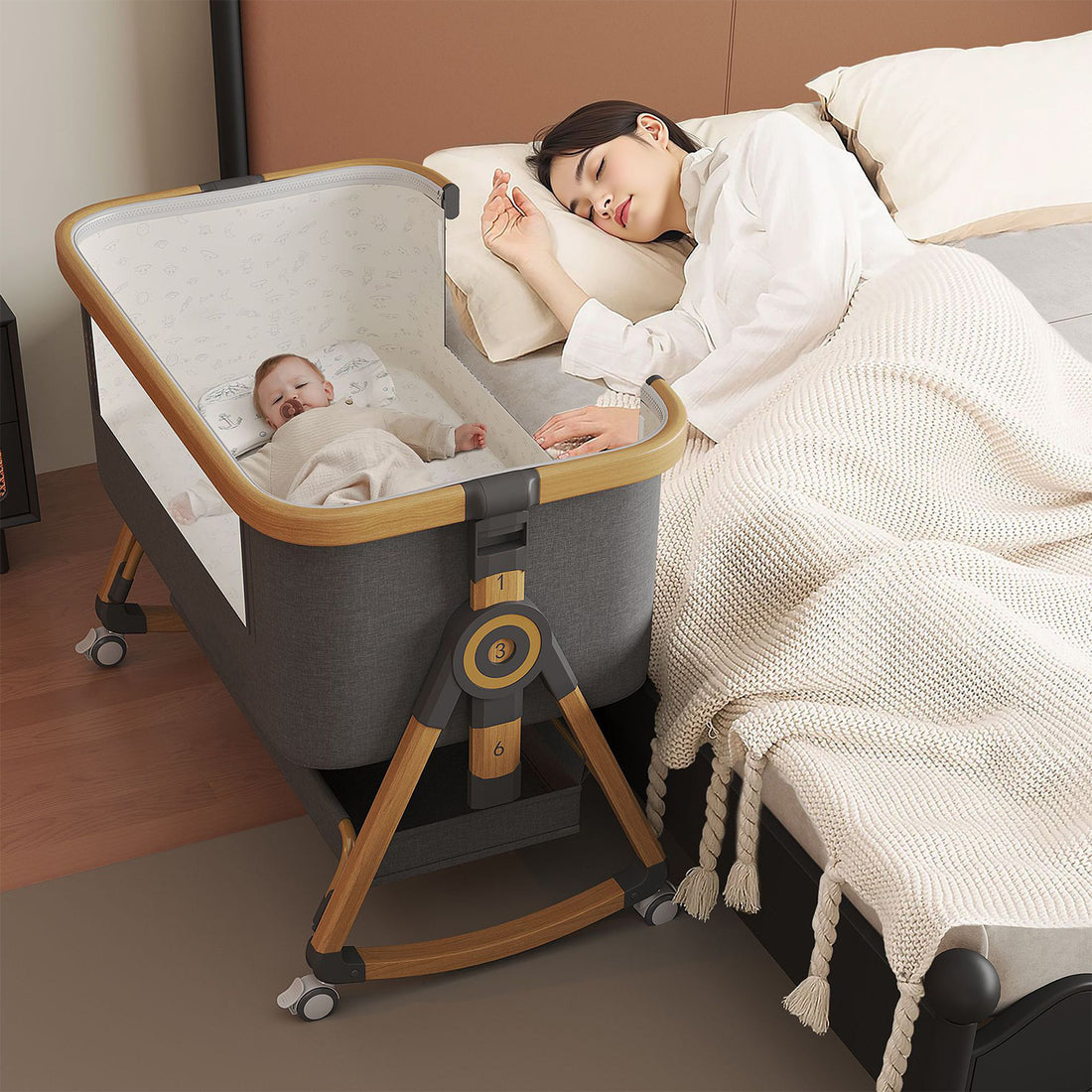 Patut Pliabil Bebelusi Elindo® 3 in 1, Copii 0-12 luni, Leagan Bebe pe 2 Etaje, Cos Depozitare, 6 Trepte de Inaltime Reglabila, Portabil, Plasa Laterala, Roti cu Sistem Blocare, Saltea Integrata, Greutate Maxima 15 kg, Gri