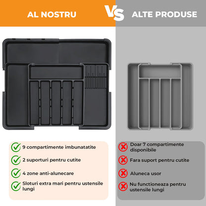 Organizator Extensibil Elindor® pentru Tacamuri si Ustensile de Bucatarie, 9 Compartimente, Sertar Extensibil 36.8-48.3 cm si 33.5 – 55.9 cm, Suport Ajustabil pentru Cutite, Linguri, Furculite, Negru