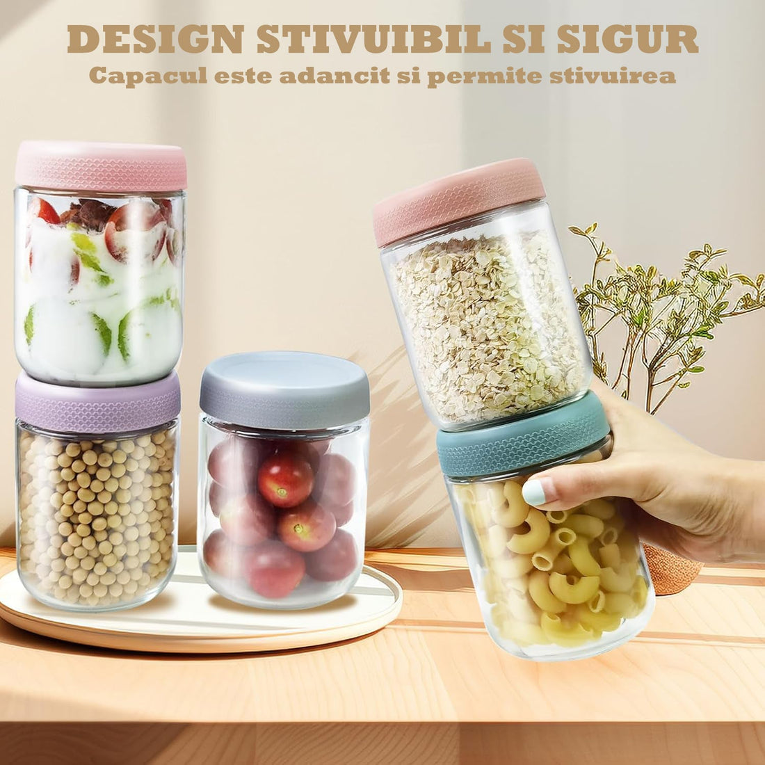 Set 6 Recipiente Sticlă Elindor® pentru Depozitare Alimente Tip Borcan - 475ml