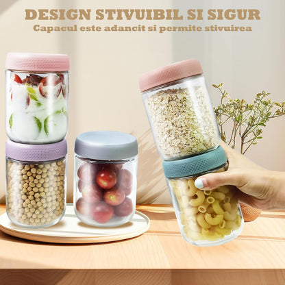 Set 6 Recipiente Sticlă Elindor® pentru Depozitare Alimente Tip Borcan - 475ml