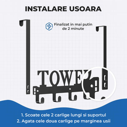 Suport Prosop Elindor® Polita cu Sistem de Agatare sau Prindere pe Perete, cu 5 Carlige, pentru Dus, Organizare in Bucatarie sau Organizator Baie, Accesorii, 38 x 26.3 x 4.5 cm, Negru