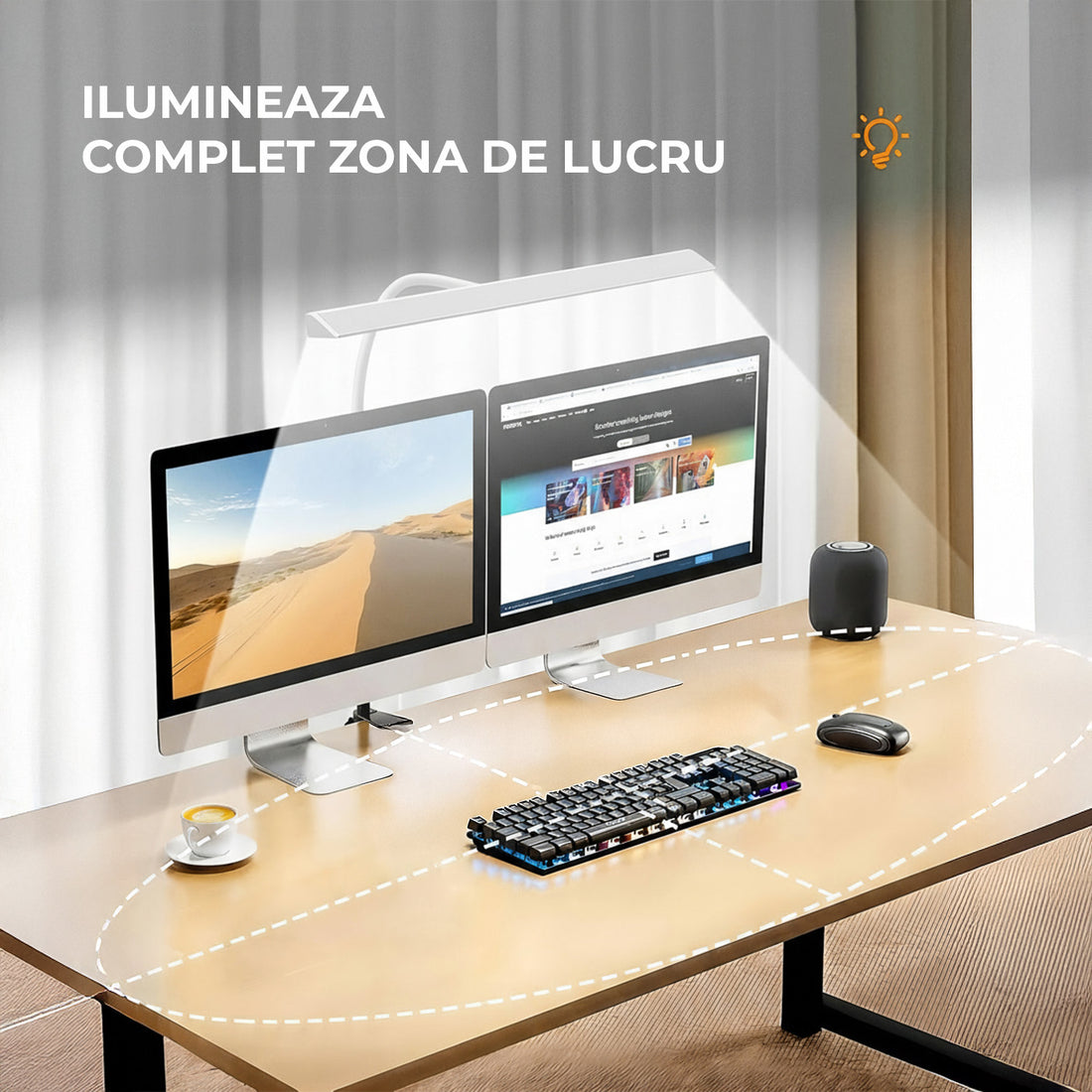 Lampa de Birou Elindor® Ultra-Wide, Alba cu LED, Nivel de Luminozitate Reglabil de la 2700K pana la 6500K, Veioza cu Clema Metalica si Brat Reglabil, Protectie pentru Ochi, Inaltime Totala 66 cm, Latime 40 cm