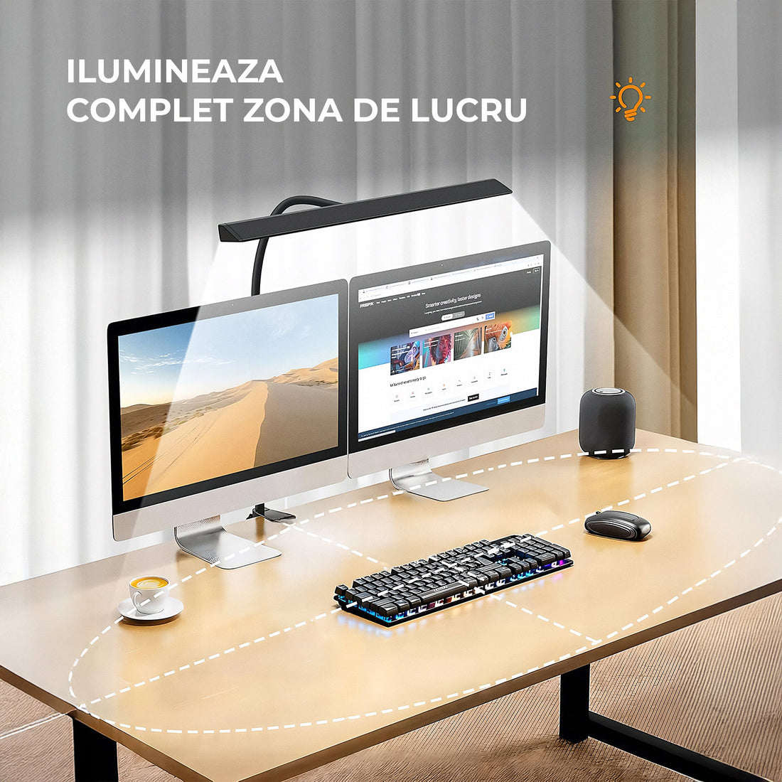 Lampa de Birou Elindor® Ultra-Wide, Neagra cu LED, Nivel de Luminozitate Reglabil de la 2700K pana la 6500K, Veioza cu Clema Metalica si Brat Reglabil, Protectie pentru Ochi, Inaltime Totala 66 cm, Latime 40 cm