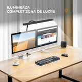 Lampa de Birou Elindor® Ultra-Wide, Neagra cu LED, Nivel de Luminozitate Reglabil de la 2700K pana la 6500K, Veioza cu Clema Metalica si Brat Reglabil, Protectie pentru Ochi, Inaltime Totala 66 cm, Latime 40 cm
