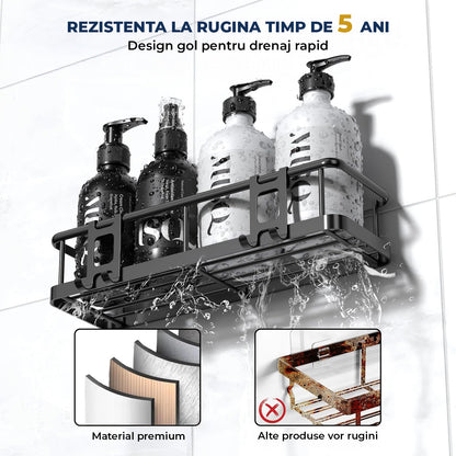 Set 2 Rafturi de Dus Elindor® Polita cu Adeziv, Etajera de Baie, Raft cu Carlige, din Metal, Suport Prosop si Sapun, Organizator Baie sau Etajere Depozitare in Bucatarie, Accesorii, 31.5 x 11 x 6.5 cm, Negru