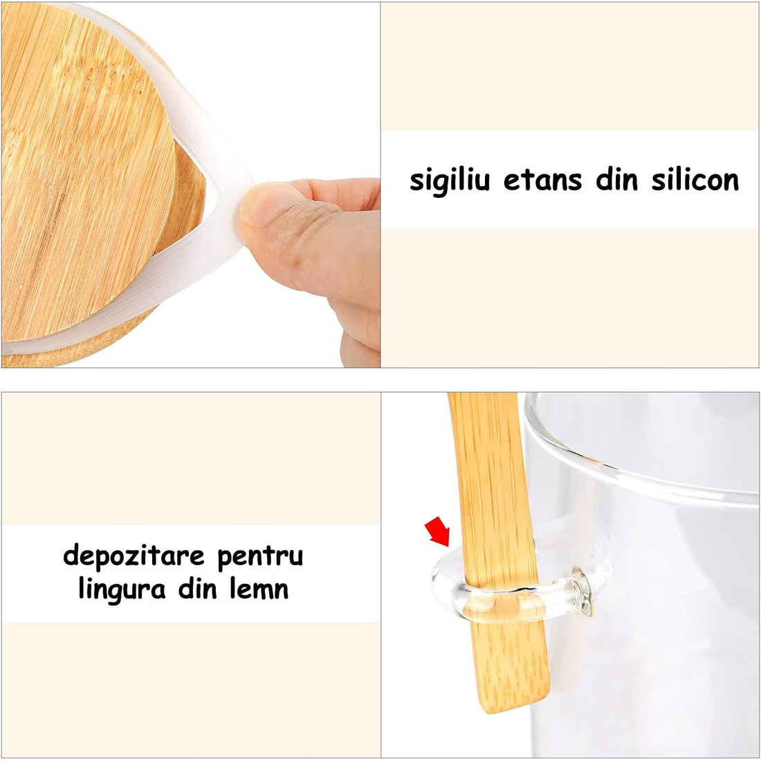 Set 4 Borcane din Sticlă Elindor® pentru Depozitare Alimente, Capace Bambus - 550ml