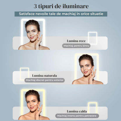 Oglinda Cosmetica Elindor® cu 72 LED-uri, Reglaj Tactil si Iluminare in 3 Culori pentru Machiaj, Incarcare USB, Alb