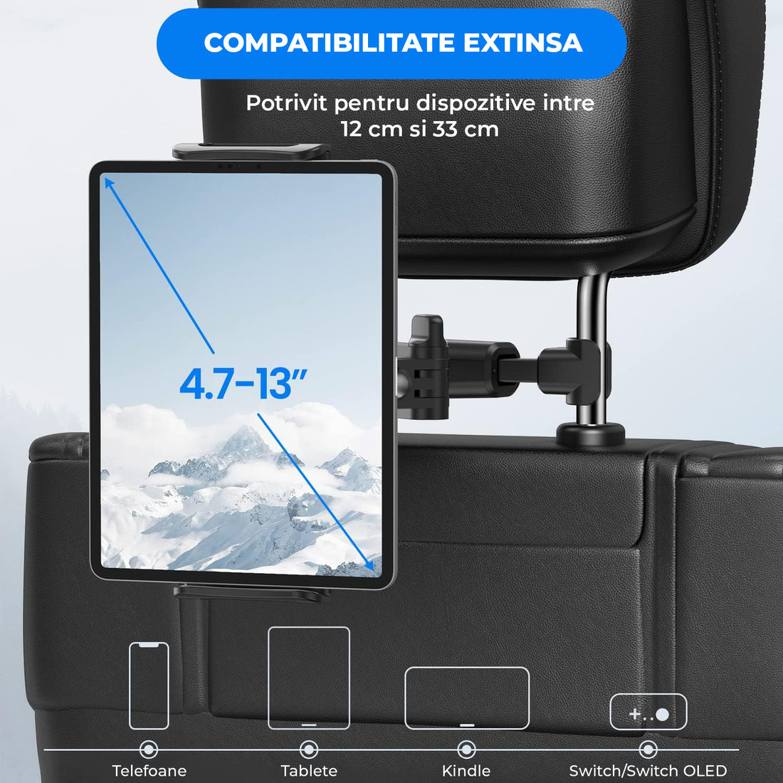 Suport Auto Tableta si Telefon Premium Elindor® pentru Tetiera Scaun, Universal, Compatibil 4.7-13 inch,  iPad, Switch, Sumsung Tab, Smartphone, Ajustabil 360°, Flexibil, Pliabil, Ideal pentru Copii sau Adulti, Orizontal, Accesorii Masina, Negru