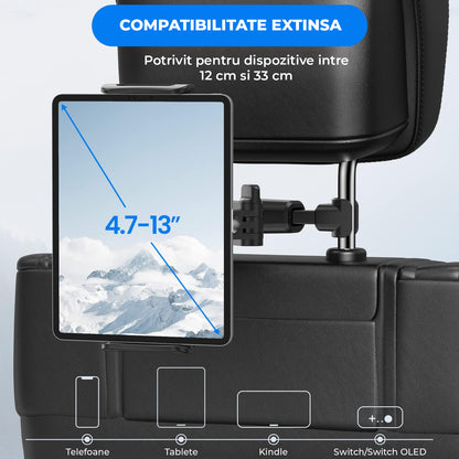 Suport Auto Tableta si Telefon Premium Elindor® pentru Tetiera Scaun, Universal, Compatibil 4.7-13 inch,  iPad, Switch, Sumsung Tab, Smartphone, Ajustabil 360°, Flexibil, Pliabil, Ideal pentru Copii sau Adulti, Orizontal, Accesorii Masina, Negru