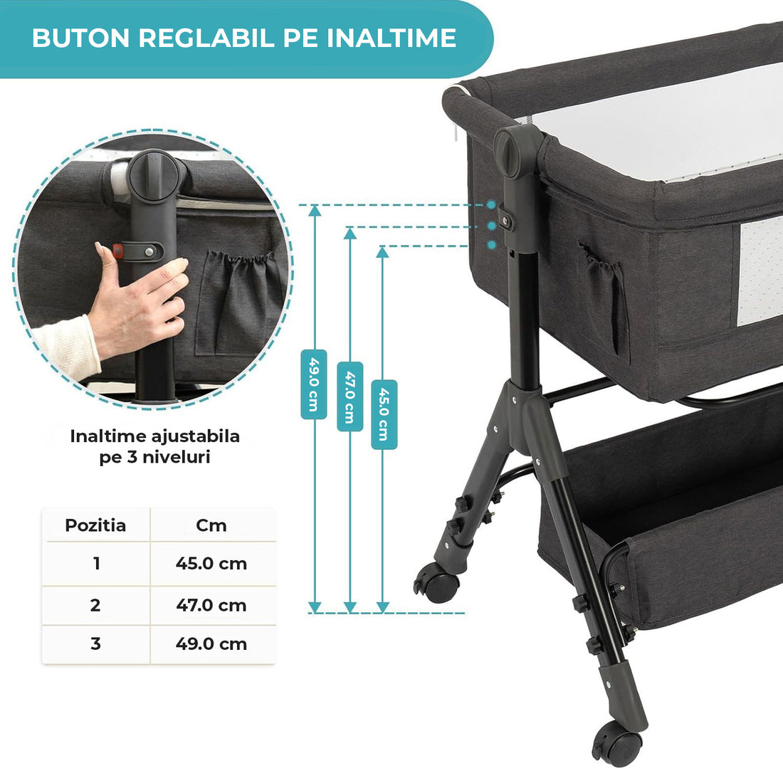 Patut Pliabil Bebelusi Elindor® 3-in-1, pentru Copii 0-36 luni, Leagan Bebe pe 2 Etaje, Cos Depozitare, 3 Trepte de Inaltime Reglabila, Plasa Laterala, Geanta Transport Calatorie, Roti cu Sistem Blocare, Saltea Integrata, Greutate Maxima 15 kg, Gri Inchis