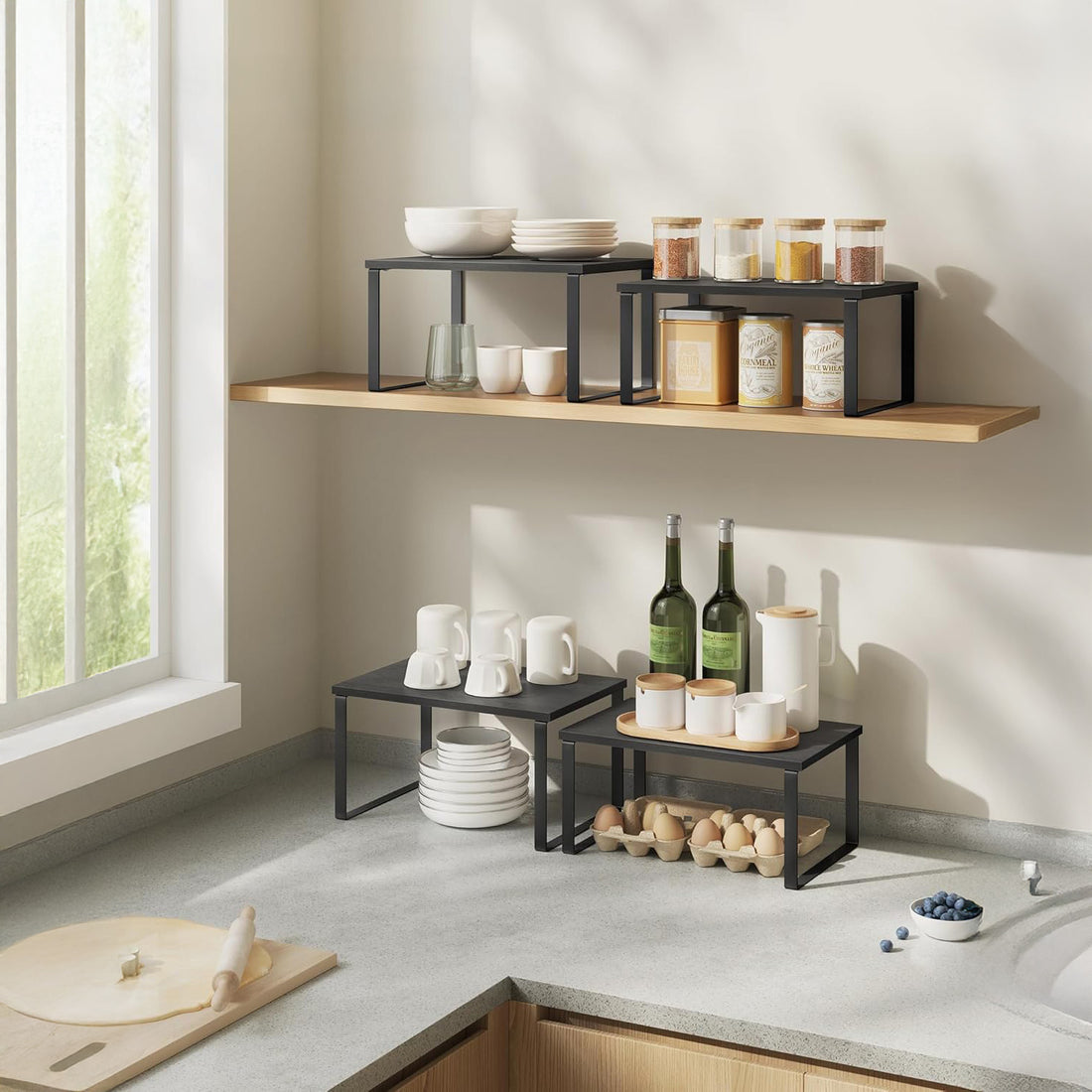Set 2 Rafturi Elindor® din Bambus, Raft Extensibil si Suprapus pentru Bucatarie, Organizator Metalic Reglabil, Ideal ca Etajera Depozitare in Camara sau Birou, Perfect pentru Condimente, Vesela, Farfurii, Stabil si Compact, Polita pentru Obiecte, Negru