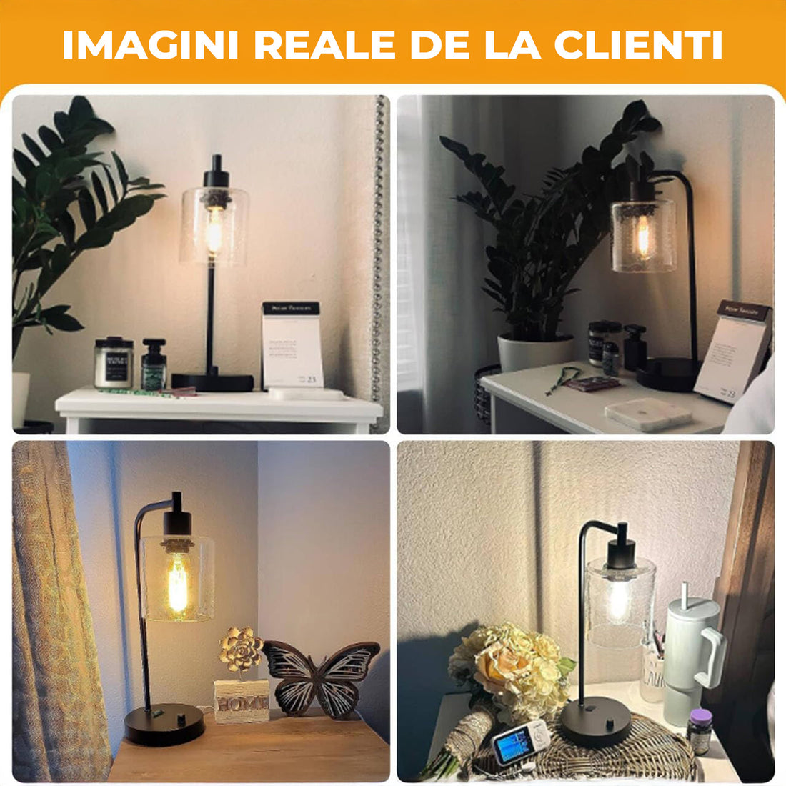 Veioza de Noptiera Elindor® cu Intrerupator Rotativ de Reglare a Intensitatii, Lampa cu Baza Metalica si Abajur din Sticla, Lampa pentru Camera de Zi, pentru Dormitor, Sufragerie, Birou, 2 Porturi USB, Antialunecare, 20 x 15 x 41 cm, Negru