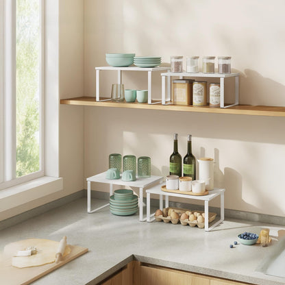 Set 2 Rafturi Elindor® din Bambus, Raft Extensibil si Suprapus pentru Bucatarie, Organizator Metalic Reglabil, Ideal ca Etajera Depozitare in Camara sau Birou, Perfect pentru Condimente, Vesela, Farfurii, Stabil si Compact, Polita pentru Obiecte Diverse,