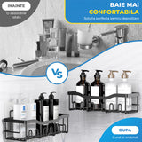 Set 5 Rafturi de Dus Elindor® Polita cu Adeziv, Etajera de Baie pentru Colt, Raft cu Carlige, din Otel Carbon, Suport Prosop si Sapun, Organizator Baie sau Etajere Depozitare in Bucatarie, Accesorii, 14 × 32.3 × 10.5 cm, Negru