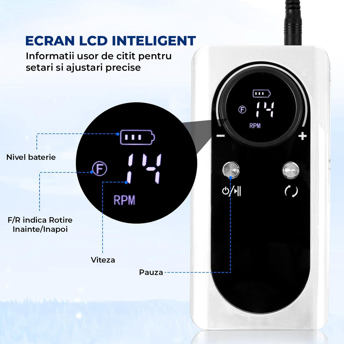 Freza Unghii Electrica Elindor® cu Suport Pila Electrica Reincarcabila, Set Complet de Ingrijire pentru Manichiura si Pedichiura Profesionala, Cuticule sau Calcaie, Ecran LCD, 45000 RPM, Viteza Reglaj Continuu, 6 Capete Detasabile, 6 Benzi Abrazive, Alb