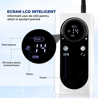 Freza Unghii Electrica Elindor® cu Suport Pila Electrica Reincarcabila, Set Complet de Ingrijire pentru Manichiura si Pedichiura Profesionala, Cuticule sau Calcaie, Ecran LCD, 45000 RPM, Viteza Reglaj Continuu, 6 Capete Detasabile, 6 Benzi Abrazive, Alb