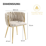 Set 2 Scaune Elindor® Ergonomice, Tip Scoica, Design Contemporan, Scaun cu Spatar si cu Manere, din Catifea cu Picioare Metalice Aurii, Potrivite pentru Living, Bucatarie, Birou, Dormitor, Bej