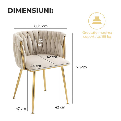 Set 2 Scaune Elindor® Ergonomice, Tip Scoica, Design Contemporan, Scaun cu Spatar si cu Manere, din Catifea cu Picioare Metalice Aurii, Potrivite pentru Living, Bucatarie, Birou, Dormitor, Bej