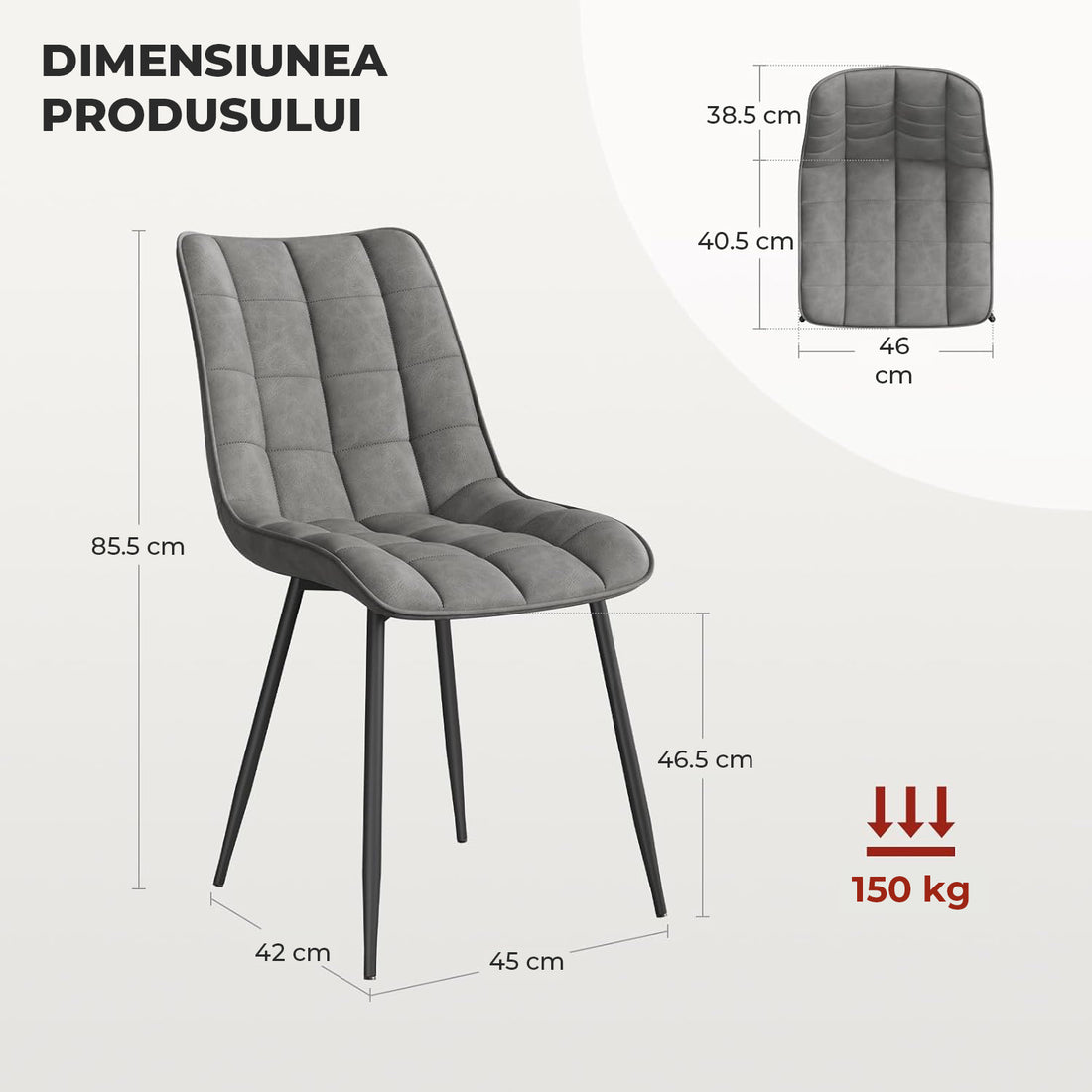 Set 2 Scaune Elindor® Ergonomice, Design Contemporan, Scaun cu Spatar si fara Manere, din Catifea cu Picioare Metalice Negre, Potrivite pentru Living, Bucatarie, Birou, Dormitor, Latime Sezut 46 cm, 85.5 x 45 x 42 cm, Gri