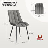 Set 2 Scaune Elindor® Ergonomice, Design Contemporan, Scaun cu Spatar si fara Manere, din Catifea cu Picioare Metalice Negre, Potrivite pentru Living, Bucatarie, Birou, Dormitor, Latime Sezut 46 cm, 85.5 x 45 x 42 cm, Gri