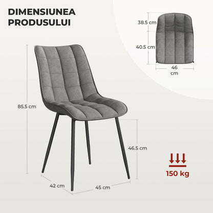Set 2 Scaune Elindor® Ergonomice, Design Contemporan, Scaun cu Spatar si fara Manere, din Catifea cu Picioare Metalice Negre, Potrivite pentru Living, Bucatarie, Birou, Dormitor, Latime Sezut 46 cm, 85.5 x 45 x 42 cm, Gri