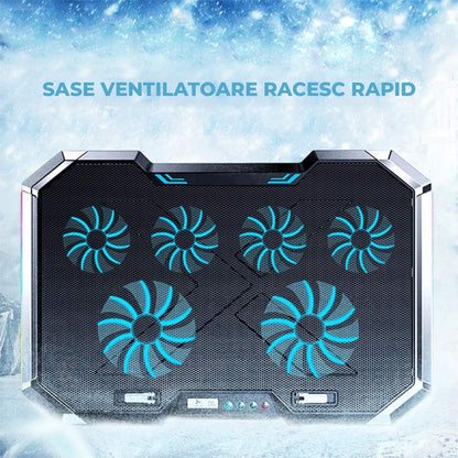 Cooler Laptop Gaming RGB Elindor® Suport cu Unghi Reglabil 7.5-17.5 cm, Dimensiuni Compatabile 15.6-17.3 Inch, 6 Ventilatoare Puternice si Silentioase 20dB cu 6x Viteza Ajustabila, 2 Porturi USB, pentru Birou, Calatorii, 41 x 27 x 3.4 cm, Negru