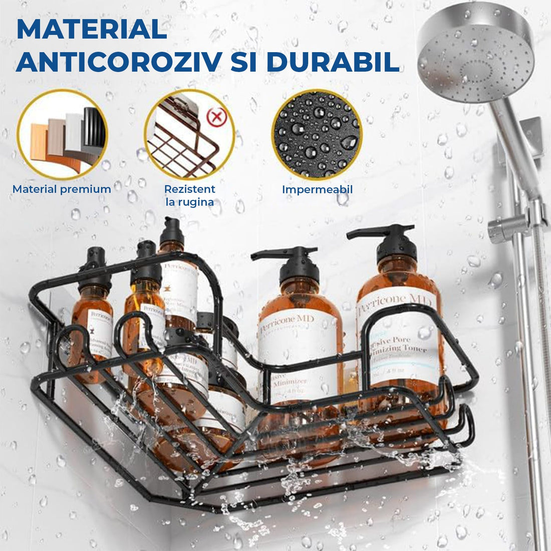 Set 3 Rafturi Elindor® Organizator pentru Dus, Sustine 18 kg, Potrivit in Baie, Bucatarie, Negru