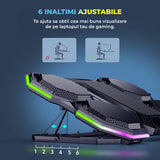 Cooler Laptop Gaming RGB Elindor® Suport cu Unghi Reglabil, Suport pentru Telefon, Dimensiuni Compatabile 12-17 Inch, 6 Ventilatoare Puternice si Silentioase 20dB, Viteza Ajustabila, 2 Porturi USB, pentru Birou, Calatorii, 40 x 27 x 3.6 cm, Negru