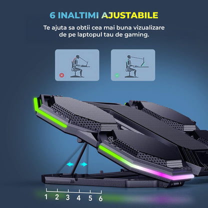 Cooler Laptop Gaming RGB Elindor® Suport cu Unghi Reglabil, Suport pentru Telefon, Dimensiuni Compatabile 12-17 Inch, 6 Ventilatoare Puternice si Silentioase 20dB, Viteza Ajustabila, 2 Porturi USB, pentru Birou, Calatorii, 40 x 27 x 3.6 cm, Negru