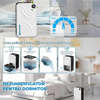 Dezumidificator Compact Elindor® pentru Aer Casa, Rezervor 3500ml, Ultra Silentios 35dB, Oprire Automata, Filtru Detasabil, 2 Trepte Viteza,7 Lumini LED, Perfect pentru Dormitor, Baie, Living, Ajuta la Prevenirea Formarii Mucegaiului, 21 x 12 x 35 cm, Alb