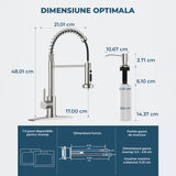 Baterie Chiuveta Bucatarie Argintie Elindor® Robinet de Apa Modern, cu Suport Incastrat pentru Sapun, Jet Reglabil, Cap Dus Extractabil cu Trei Functii, Monocomanda, pentru Bucatarie, Otel Inoxidabil, Finisaj Mat